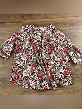 CJ Banks Chiffon Floral Blouse Plus 3X 1/4 Zip Flowy 3/4 Sleeves Colorful Office